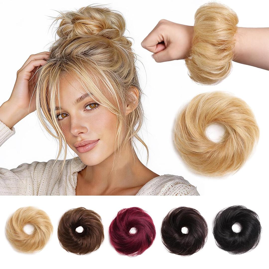 Messy Bun Hair Piece Real Human Hair Scrunchie Updo Extensions For Women Fake Buns Chignon Wig Thick Volume Heat Friendly Donut Ponytail Elastic Band AshBlonde/DarkBlonde