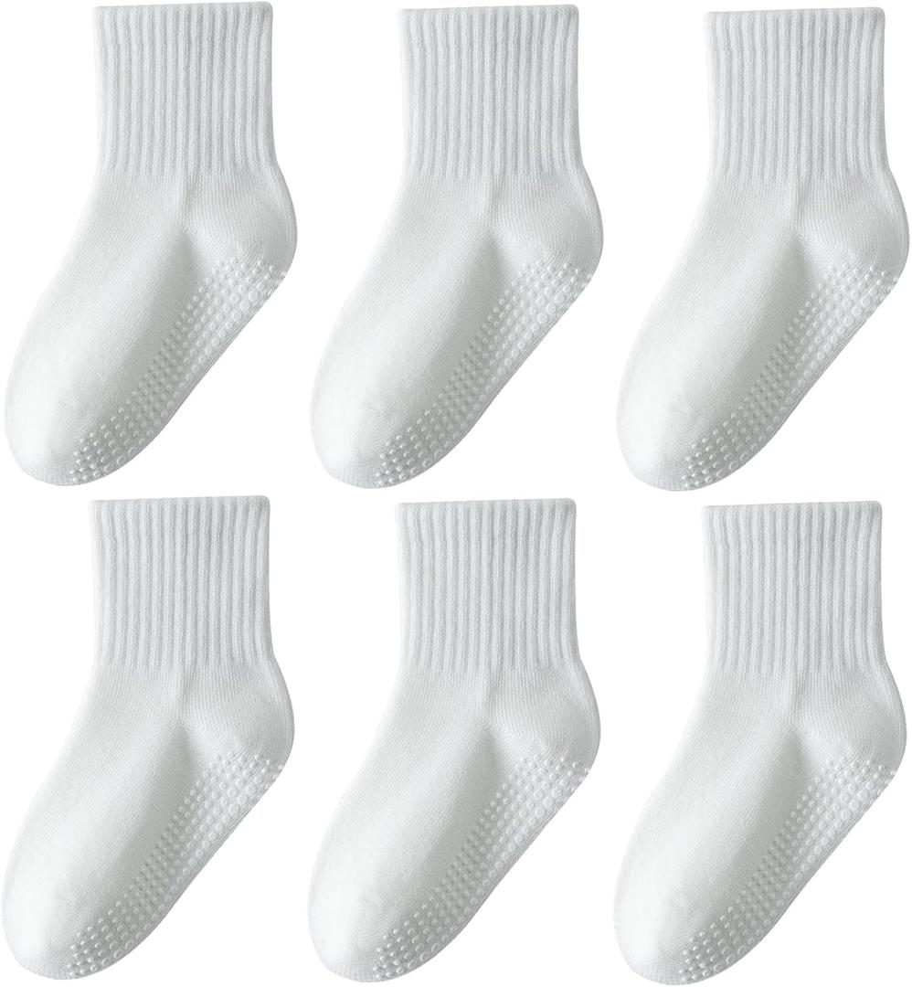 Wamvp Toddler Grip Socks with Non-Slip, Unisex Baby Retro Stripe Seamless Crew Ankle Cotton Socks for Girls Boys 6 Pairs, Pure White 3-5T