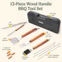 Cuisinart 13-Piece Wooden Handle Grill Tools Set, Grill Utensils Set BBQ Accessories, Durable Stainless Steel Spatula, Tongs, Cleaning Brush & More, Compact Case, Grilling Gifts for Men, CGS-W13