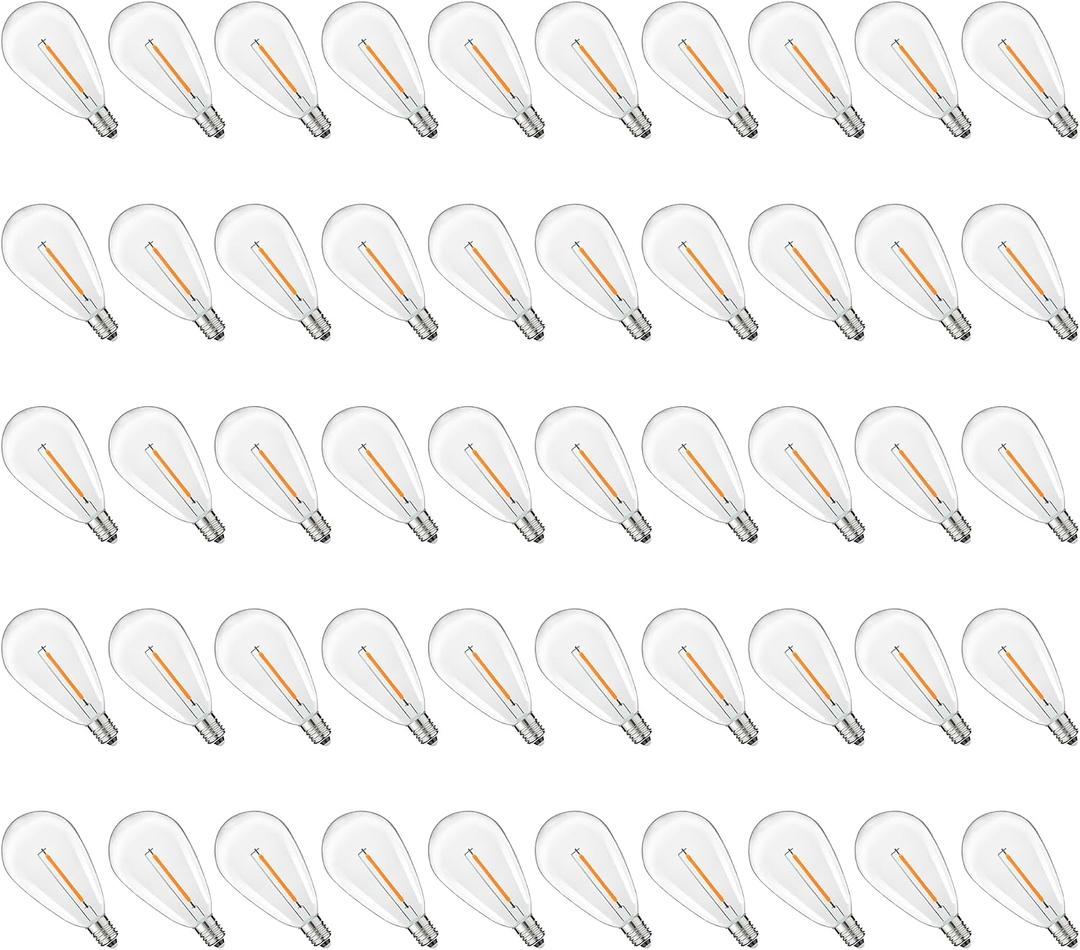 S14 Replacement LED Light Bulbs, Shatterproof & Waterproof 0.6W S14 LED Bulbs, Outdoor String Lights, E12 Base Patio Edison LED Light Bulbs, Warm White 2200K Plastic 70LM Non-Dimmable 50 Pack