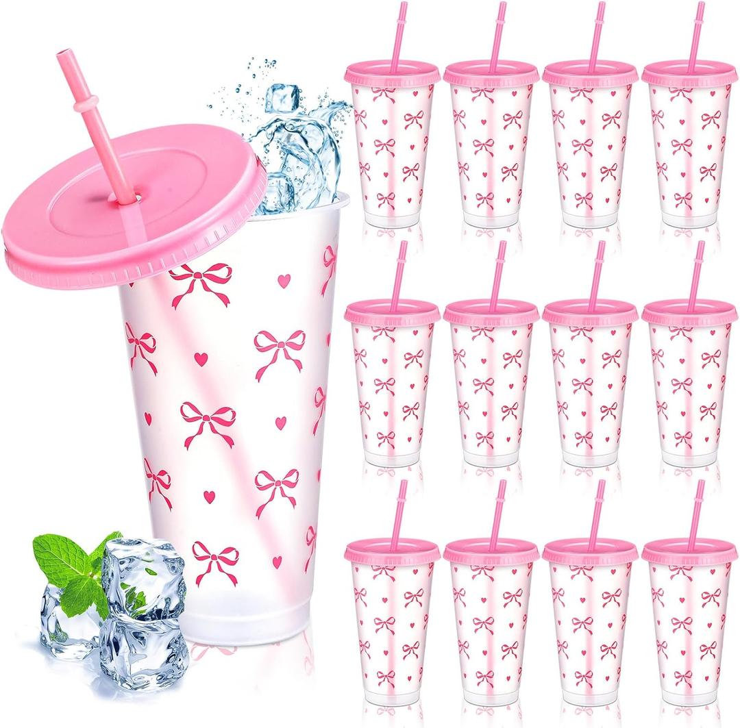 12 Pcs Pink Bow Plastic Cups with Lids and Straws 24 oz Reusable Coquette Bow Tumbler Aesthetic Drinking Coffee Cup for Women Birthday Wedding Bridal Shower Party Supplies