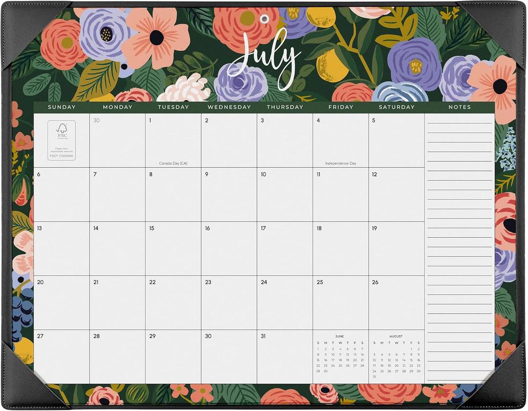 Desk Calendar 2025 with Desktop Mat, Cabbrix Large Desk Pad Calendar 22 x 17 Inch Cover 12 Months Runs From July 2025 to June 2026, Floral Design Calendar 2025 for Home School and Office (Black, 22" x 17")