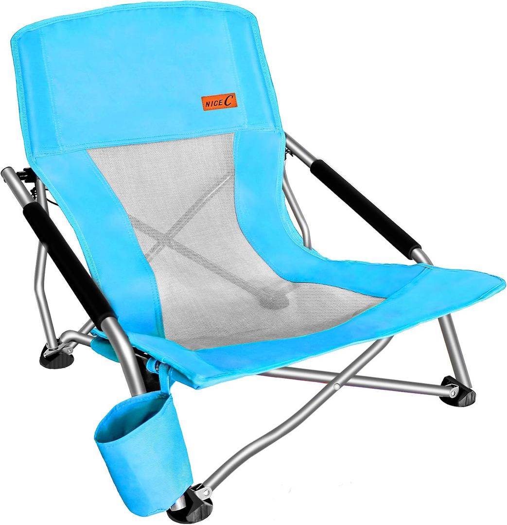 Nice C Low Beach Camping Folding Chair, Ultralight Backpacking Chair with Cup Holder & Carry Bag Compact & Heavy Duty Outdoor, Camping, BBQ, Beach, Travel, Picnic, Festival (Set of 1 Blue), 23" x 23" x 23"