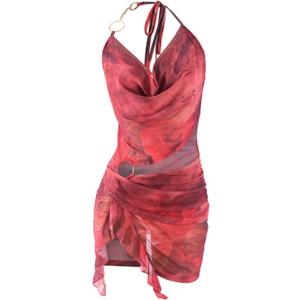 Women Sexy Sheer Halterneck Mini Dress Hollow Out Colourful Mesh Floral Dress for Beach Party Night (Red, S)