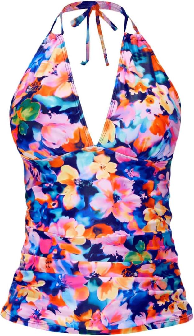 Yonique Women's Halter Tankini Top V Neck Swim Top Tummy Control Bathing Suit, Size Large