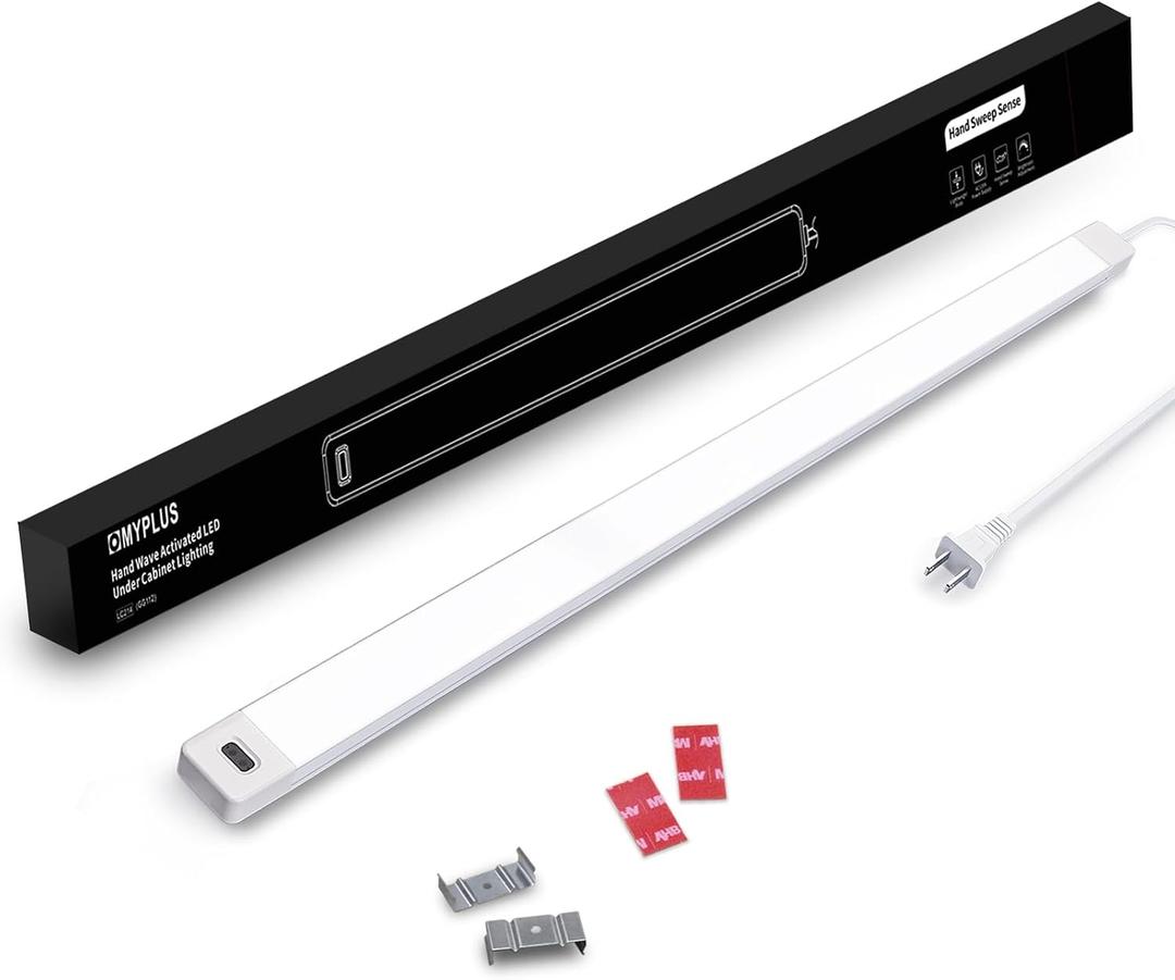 MYPLUS 24 Inch Under Cabinet Lights with Hand Wave, Under Counter Lighting 4000K Natural White,Dimmable,Plug and Play,LED Lights for Kitchen Cabinet, Cupboard, Closet, Desk, 24inch-1Pack