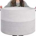 INDRESSME XXXLarge Cotton Rope Basket 21.7" x 21.7" x 13.8" Woven Baby Laundry Basket for Blankets Toys Storage Baskets with Handle Comforter Cushions Storage Bins Thread Laundry Hamper-Black Stitch (White)