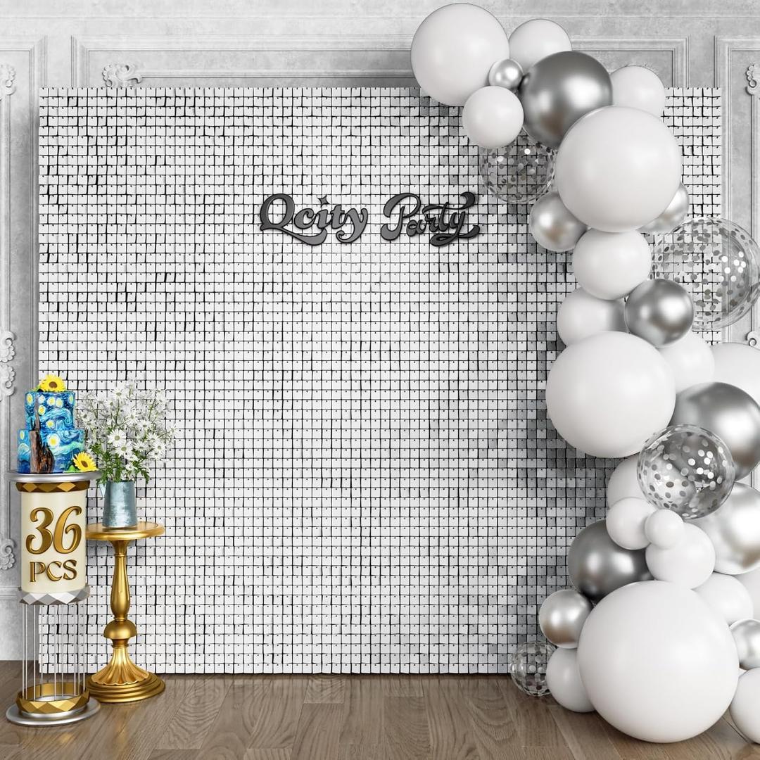 Qcity Matte White Sequin Wall Backdrop 36PCS, Black Back Not See-Through Design, Square Sequin Glitter Backdrop Panel, Perfect for Outdoor Events, Birthdays, Wedding and Party Decoration