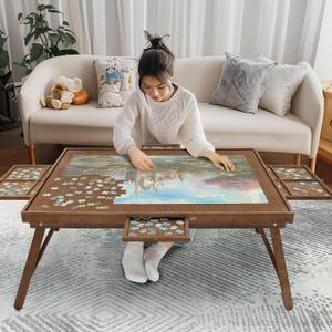 HALLYBEE Puzzle Table 1500 Pieces Wooden Puzzle Board with Legs, 34.3x 26.5 Jigsaw Board with 4 Drawers and Cover, Foldable Leg Jigsaw Table for Adults Cho Brown