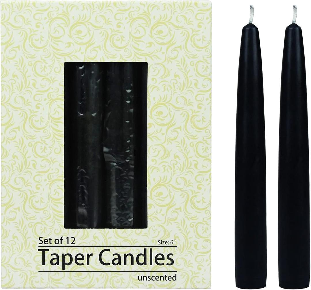 Zest Candle 12-Piece Taper Candles, 6-Inch, Black