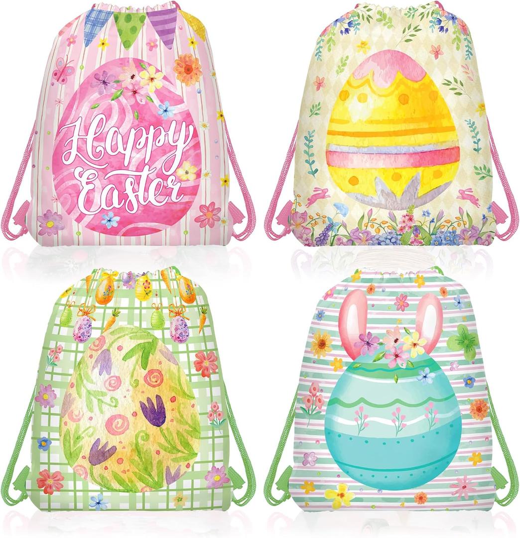 CC HOME 12Pcs Easter Drawstring Bags, Cartoon Colorful Egg Treat Bags, Easter Theme Party Favor Bags for Baby Shower Kids Girls Boys Birthday Party Decorations 10.6 x 13.4 inch