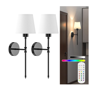 viyawise Battery Operated Wall Sconce Lights Set of Two, Rechargeable Powered Wall Lamp with RGB Bulbs, Wireless Decor Wall Sconces with Dimmable Remote Control, for Bedroom Living Room (Black)