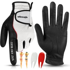 Golf Glove Men Left Hand Premium Leather Grip Soft Breathable Durable Fit All Weather with Golf Tee and Divot Repair Tool