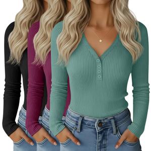 Huukeay 3 Pack Women's Ribbed Henley Long Sleeve Shirts, Button V Neck Tunic Tops Slim Fit Casual Soft Basic Knit Tee Blouse (Medium, Black, Rose Purple, Gray Green)