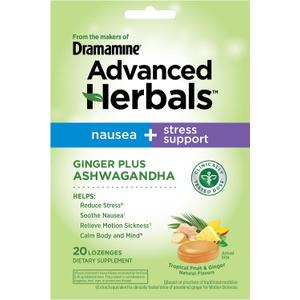 From the Makers of Dramamine, Advanced Herbals Ginger & Ashwagandha Lozenges, for Nausea Relief & Stress Support, Tropical Fruit and Ginger Flavor, 20 Count