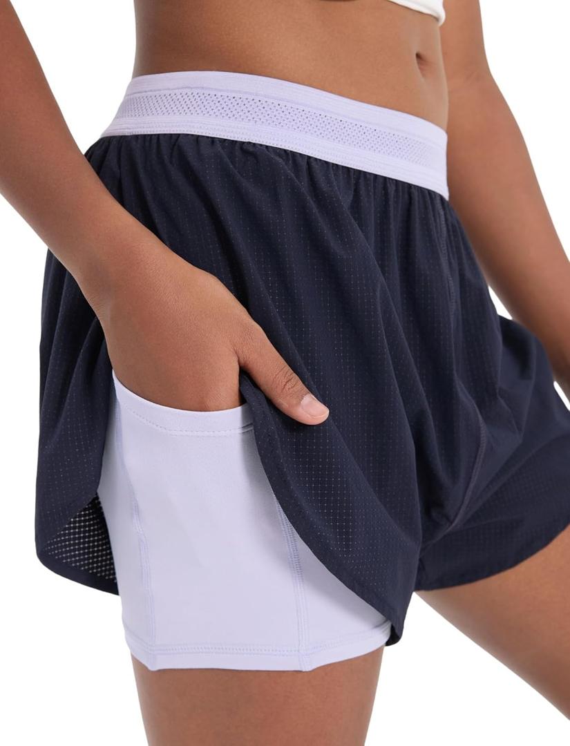 PATPAT Girls 2-in-1 Shorts, Ultra-Light Quick-Dry Active Shorts with Bamboo Viscose Liner for Kids Soccer Dance Biker Sports (Black, S)