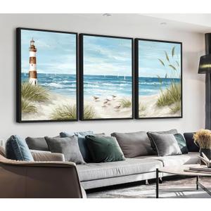 Large Framed Coastal Wall Art - Summer Beach Lanscape Wall Decor Painting 24"x36" Set of 3 Seabird Lighthouse Prints Ocean Waves Canvas Pictures for Living Room Bedroom Office Artwork (Blue)