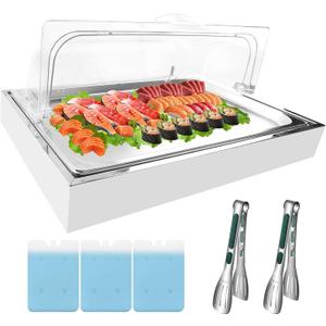 Ice Food Serving Display Tray with Clear Roll Top Cover & 2 Stainless Steel Tongs, Chilled Buffet Server Food Display Platter with 3 Ice Packs for Seafood, Parties, Catering & Hotel