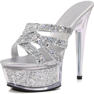 Women's Cross Strappy Platform Super Stiletto Prom Slides Sexy Round Toe Ultra Clear High Heels 5.71IN Dress Prom Party Mule Sandals (9, White)