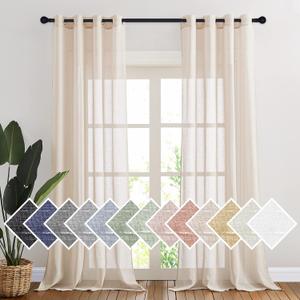 NICETOWN Flax Linen Sheer Curtains 108" Length for Windows, Ring Top Privacy Semitransparent Sheer Light Filter Curtain Panels for Bedroom/Living Room, Beige, 52" W Per Panel, Set of 2