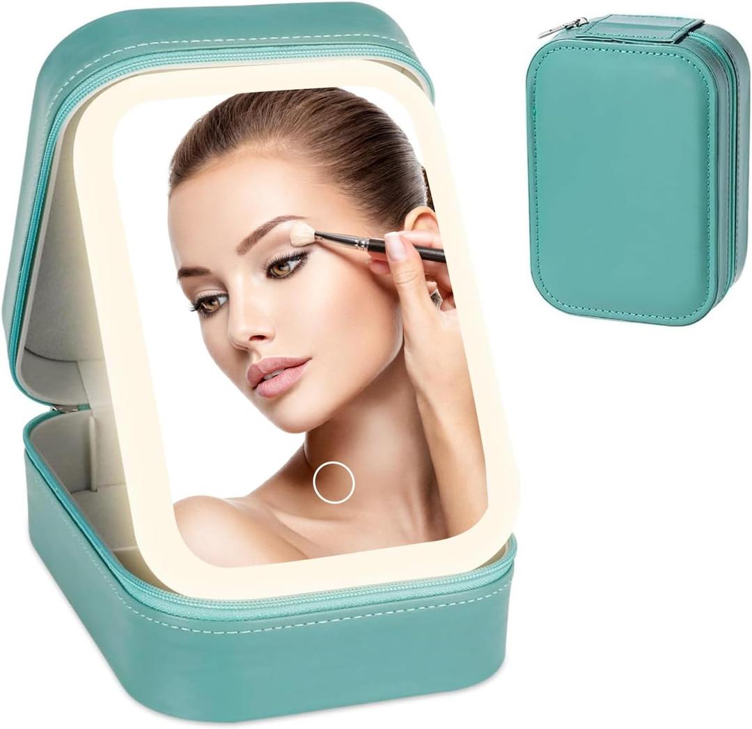 Travel Makeup Case with LED Mirror, Makeup Bag with Lighted Mirror, Cosmetic Storage Box, Christmas Portable Organizer Vanity Case for Women, Beauty Tool Accessories Rechargeable, Green