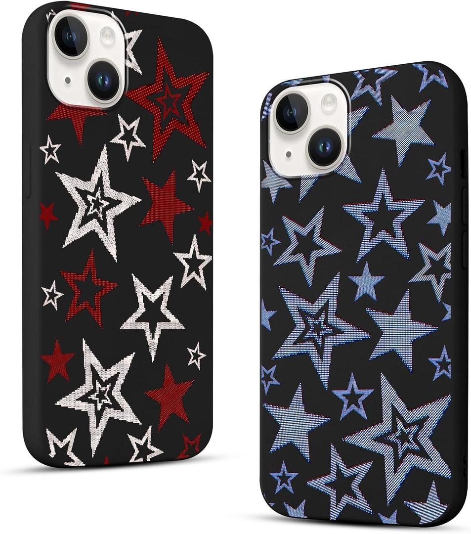 2 Pack Cute Star Phone Case for iPhone 14/iPhone 13 6.1",Cool Aesthetic Y2K Cases Y3K Blue Stars Design Cover for Women Girls Teens,Black Silicone Shockproof Protective Funda for iPhone 14