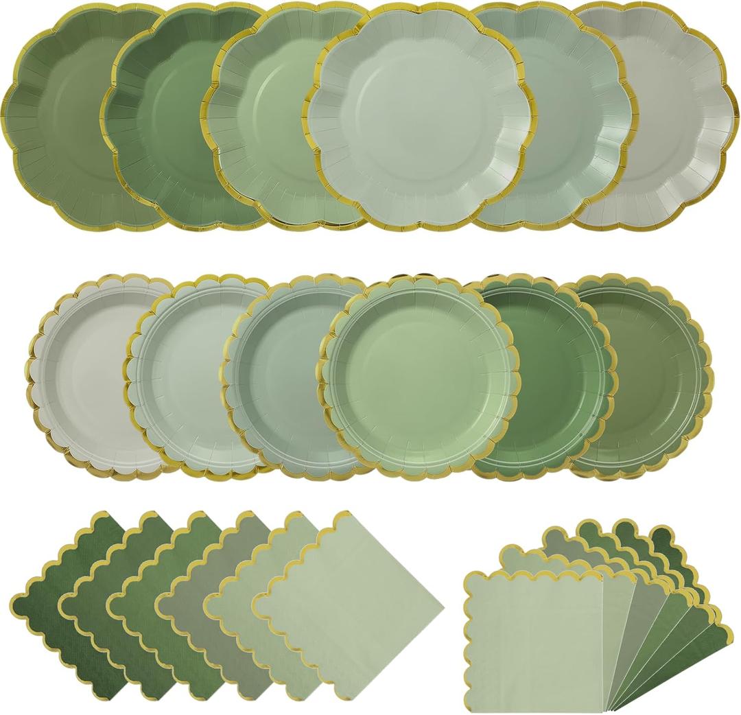 144 Pcs 48 Guests Sage Green Paper Plates and Napkins Green Birthday Party Decorations Disposable Tableware 9 Inch 7 Inch Gradient Scalloped Edge Plates for Baby Shower Wedding Bridal