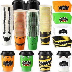 Umigy 100 Pack Halloween Disposable Coffee Cups 12 oz Paper Coffee Cups with Dome Lids and Sleeves Hot Cold Beverage Coffee Juice Drinking Cups for Halloween Party Decoration (Ghost Style)
