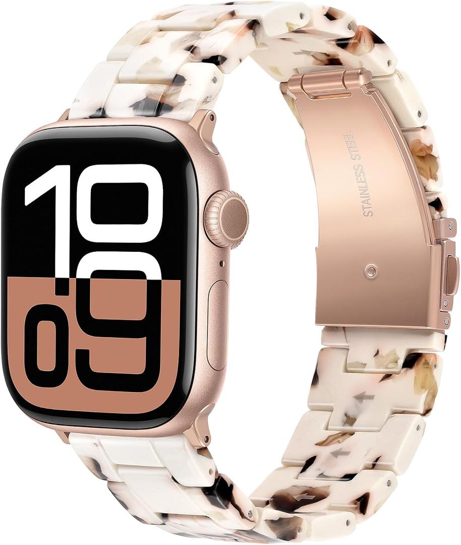 V-MORO Resin Bands Compatible with Apple Watch Series 11/10/9/8/7 Band 40/41/42mm Lightweight Fashion Strap Bracelet with Rose Gold Buckle for iwatch Series SE/6/5/4/3/2/1(Nougat White,38/40/41/42mm)