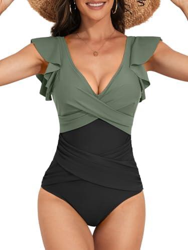 B2prity Women's One Piece Swimsuit Ruffle Slimming Tummy Control Bathing Suit Criss Cross High Waist 1 Piece Swimwear, Small
