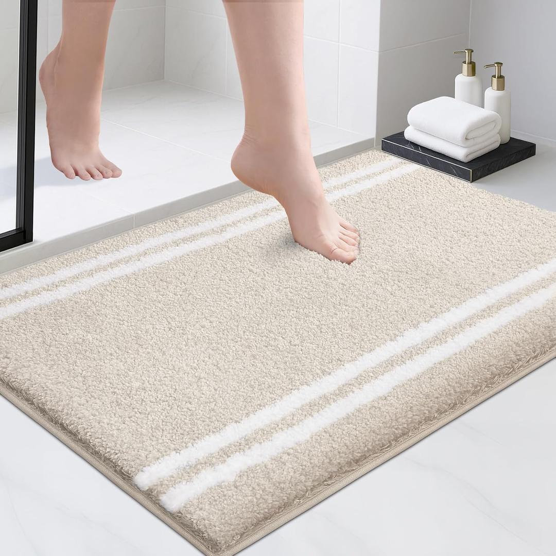 PURRUGS Bathroom Rug Non-Slip Machine Washable 24" x 36", Super Absorbent and Quick Dry Shaggy Microfiber Bath Mat, Extra Soft and Plush Bath Rug for Bathtub, Shower and Sink, Beige