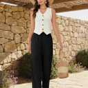 COPYLEAF Linen Pants Women Wide Leg Elastic Waist Flowy Palazzo Casual Pants with Pockets Beach Travel Trousers (Black) M