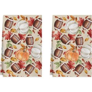 XCHI Fall Pumpkin Football Color Malpe Leaves Dish Towels 18x26 Inch Hand Kitchen Towels Dishcloth Home Decorations Set of 2