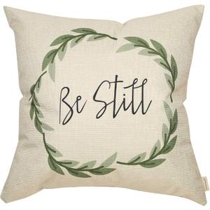 Fahrendom Rustic Be Still Green Olive Wreath Vintage Farmhouse Dcor Spring Summer Sign Decoration Cotton Linen Home Decorative Throw Pillow Case Cushion Cover with Words for Sofa Couch, 18 x 18 in