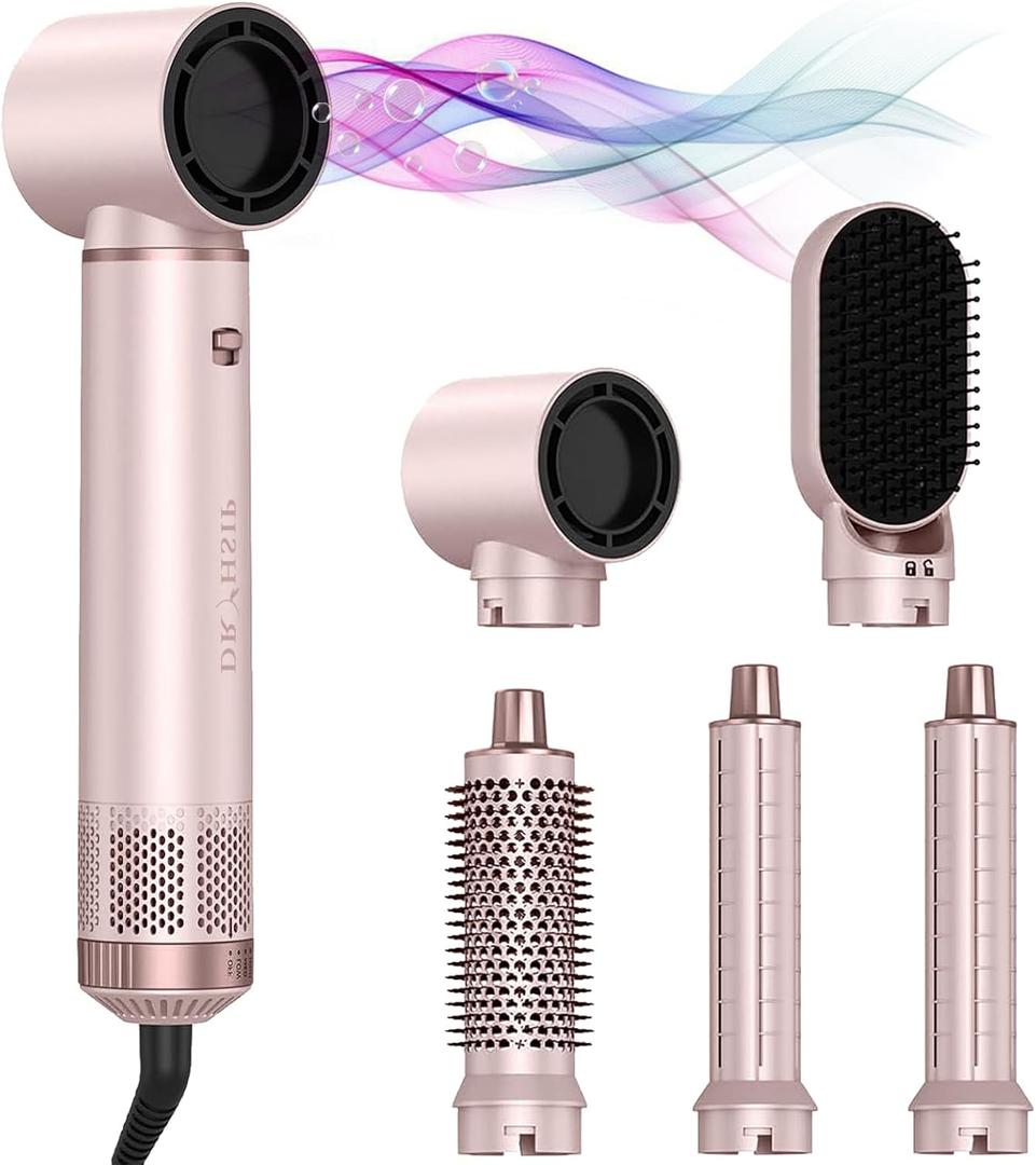 5 In 1 Hair Styler & Hot Air Brush - Air Curling Wrap with Low-Speed Negative Ion Technology, Hair Dryer Brush for Drying, Curling, Straightening & Styling, Hair Styling Tools at Home (Pink)
