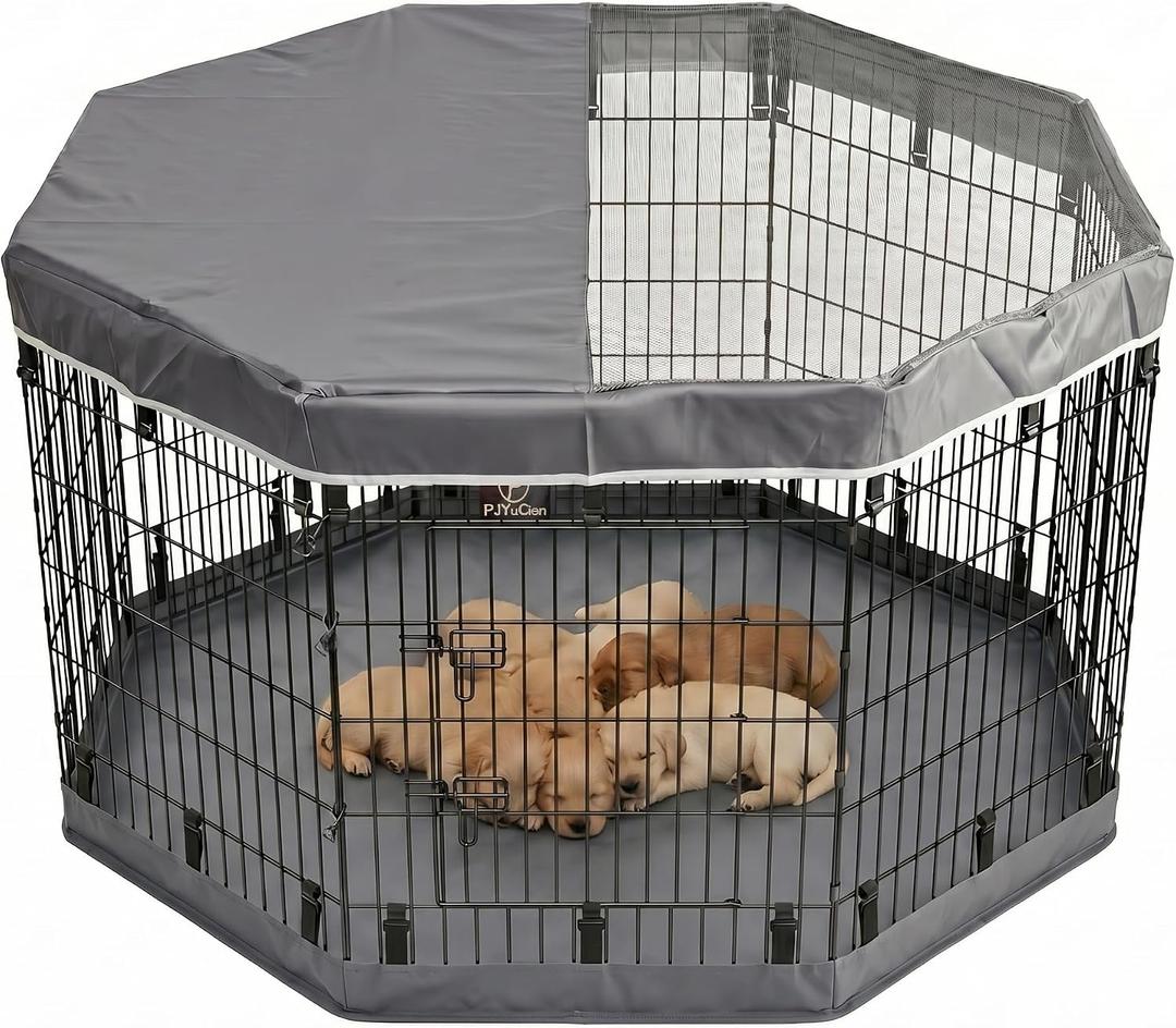 PJYuCien Dog Playpen with Top Cover and Bottom Pad - Metal Foldable Exercise Pen, 8 Panels 36" H x 24" W Indoor Outdoor Pet Fence Puppy Crate Kennel, Gray