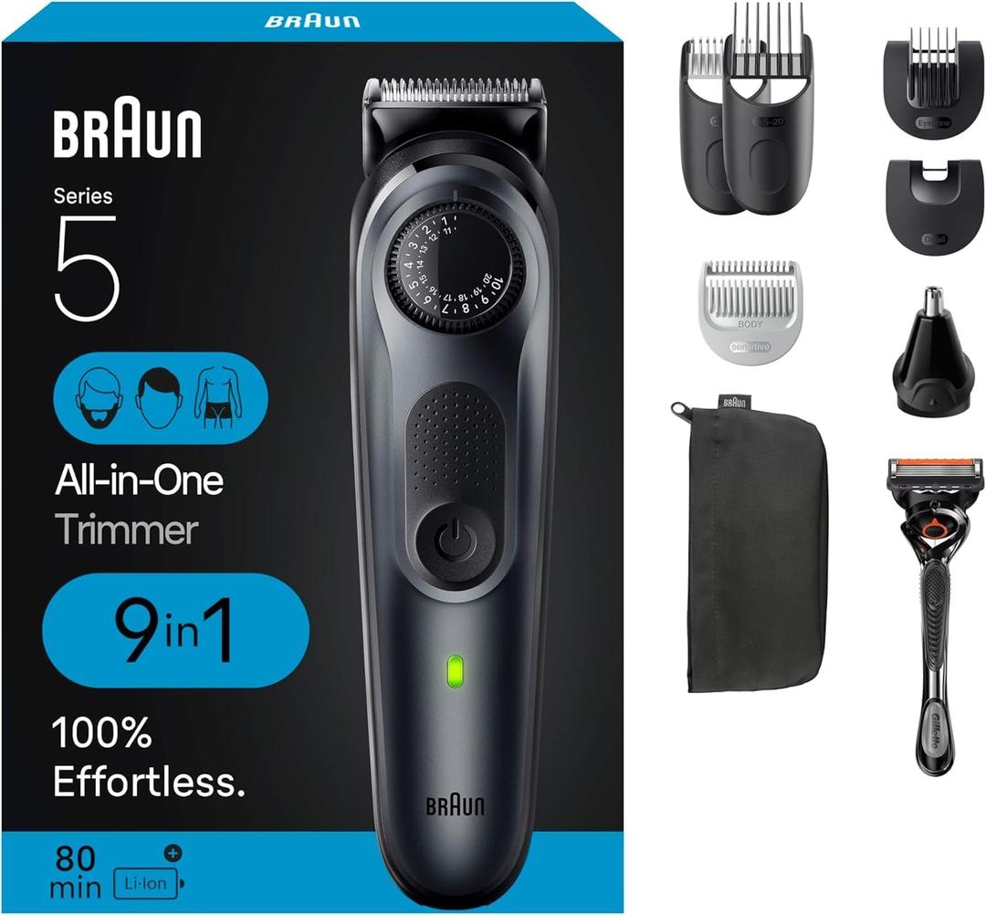 Braun All-in-One Style Kit Series 5 5470, 9-in-1 Trimmer for Men w/Beard Trimmer, Body Trimmer for Manscaping, Gillette Fusion5 ProGlide Razor, 40 Length Settings, Rechargeable Battery, Cordless (Black)