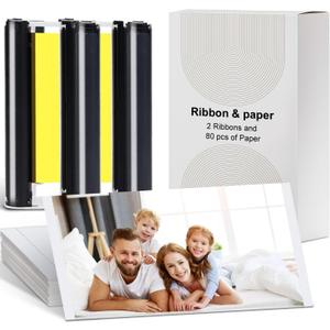 Compatible for M100/M200 4x6" Photo Printer 80 Sheets Photo Paper & 2 Ink Cartridges Refill,80 Sheets 4"X 6" Photo Paper Glossy and Two Ribbons for DHP512/DHP513 Printer