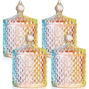 Aoriher 4 Pcs Crystal Glass Candy Jar Set with Lids Home Decorative Storage Jars for Apothecary, Bathroom, Kitchen, and Pantry, Ideal for Cotton Swabs and Jewelry(Medium,Colorful)