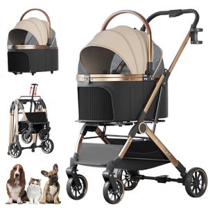 4 Wheels Pet Stroller for Small Medium Dogs Cats Up to 45 lbs Folding Dog Stroller with Detachable Breathable Carrier Suitable for Car Seat, Hand Carry & Travel, All Terrain, 3 in 1 Multifunctional (Khaki)