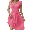 chouyatou Women's 2024 Eyelet Lace Embroidery Smocked Waist Party Dress Sexy Flutter Sleeve A Line Midi Long Sun Dress (X-Small, Dark Pink)