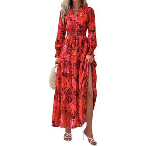 PRETTYGARDEN Women's Floral Maxi Dress 2025 Fall Long Sleeve V Neck Casual A Line Long Flowy Boho Party Dresses (Floral Red, X-Large)