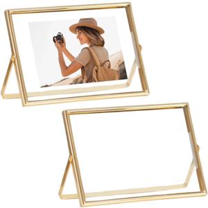 2 Pcs 8.3 x 6.45'' Gold Floating Picture Glass Pressed Picture Frame Modern Floating Photo Frame Horizontal Standing Tabletop Glass Floating Frame Classy Gold Frames Tabletop for Home Decor