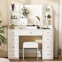 43" Makeup Vanity Desk with Mirror and Lights, & Power Outl, Glass Top Big Vanity Table with 9 Drawers& 8 Storage Shelves, Dressing Table Set with Chair for Bedroom, White