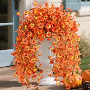 Homsunny Artificial Fall Flowers for Outdoors Fake Flowers UV Resistant 2PCS Fall Mums Flowers for Home Patio Balcony Yard Porch, Orange and Sunset Red, Set of 2