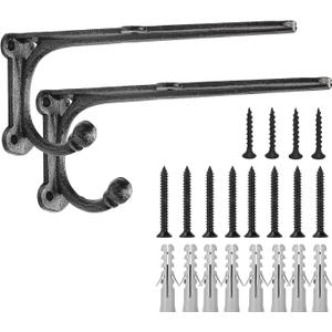 Metal Wall Shelf Brackets 8 Inch with Hooks Heavy Duty Brackets for Floating Shelves, Cast Iron Shelf Bracket Black 2 Pack