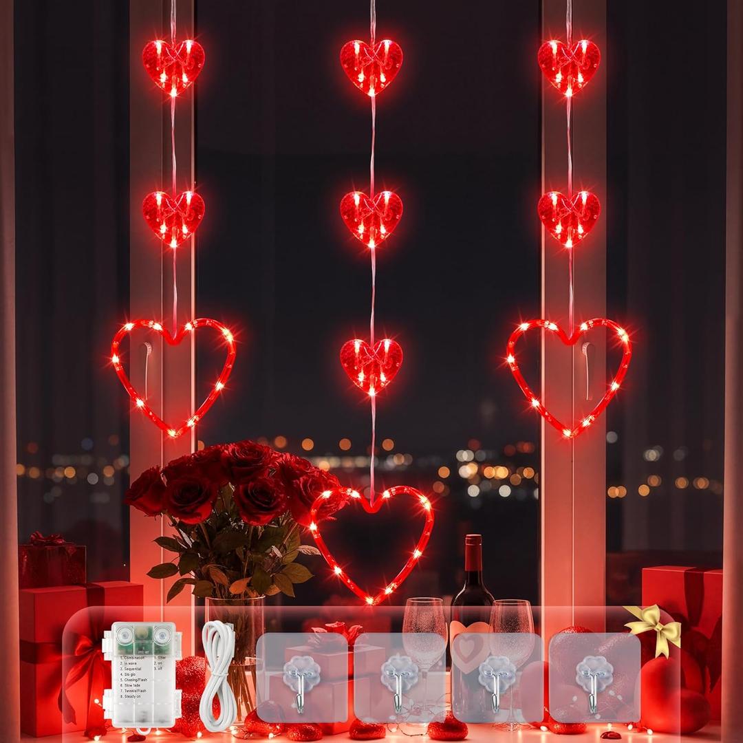 YOUNGAR Valentine's Day Heart Window Lights, 5FT 65LED Battery/USB Powered with Timer, Waterproof with 8 Modes Memory for Home Bedroom Birthday Party Indoor Outdoor Decor, Red