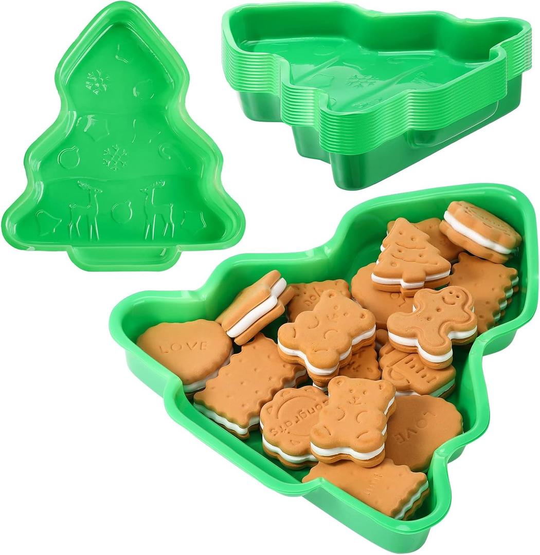 Zopeal 12 Pieces Christmas Tree Mitten Sock Shaped Plates, 3D Food Reusable Snack Tray, Cookies, Chips, Candy Dip Dessert Plates for Christmas Party Supplies Decorations Platter (Tree)