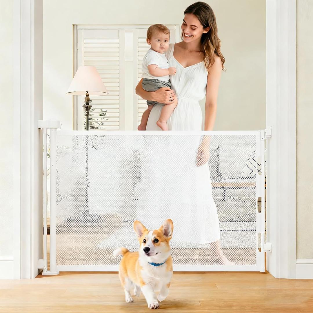 Puppalace Retractable Baby Gate, 55 in Wide x 33 in Tall Mesh Dog Gate, Hardware Mounted Safety Gate with Double Lock for Doorways, Hallways, Indoor Outdoor, White