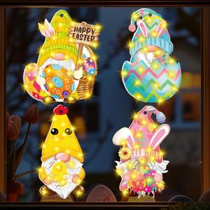 4 Pcs Easter LED Lighted Window Decoration Happy Easter Gnome Window Lights Easter Egg Gnome Window Lights with Hook for Home Outdoor Indoor Easter Party Decor
